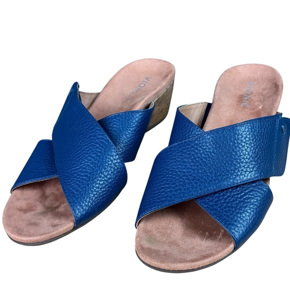 Vionic Leticia Women’s Cork Wedge Leather Sandals Sz 10 - Blue - Picture 1 of 11